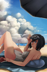 Rule 34 | 10s, 1girl, alternate hair length, alternate hairstyle, back, backless outfit, bad deviantart id, bad id, bankage, bare shoulders, beach, beach towel, black hair, blue eyes, blue sky, book, breasts, cloud, cloudy sky, day, eyebrows, eyewear on head, frown, highres, kill la kill, kiryuuin satsuki, legs up, lips, looking at viewer, looking back, lying, nose, ocean, on back, one-piece swimsuit, outdoors, pillow, sand, sand castle, sand sculpture, short hair, sky, solo, solo focus, sunglasses, swimsuit, thick eyebrows, towel, umbrella, white one-piece swimsuit