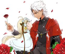 Rule 34 | 1boy, 1girl, accessories, amakusa shirou (fate), bad id, bad twitter id, bell, black gloves, blonde hair, blush, brown eyes, cape, capelet, closed mouth, commentary request, cross, cross necklace, dark-skinned male, dark skin, earrings, elbow gloves, fate/apocrypha, fate/grand order, fate (series), flower, fur trim, glitter, gloves, hair ribbon, headpiece, helmet, jeanne d&#039;arc alter (fate), jeanne d&#039;arc (fate), jeanne d&#039;arc (ruler) (fate), jeanne d&#039;arc alter santa lily (fate), jewelry, leaf, long hair, necklace, ni1ten xx00, petals, ribbon, rose, rose petals, short hair, stole, white background, white hair, yellow eyes