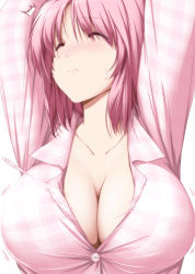 Rule 34 | 1girl, ^^^, arms up, blush, breasts, bursting breasts, buttons, cleavage, closed eyes, closed mouth, collarbone, collared shirt, commentary request, frown, highres, large breasts, motion blur, no bra, nori tamago, nose blush, pajamas, pink hair, pink pajamas, popped button, saigyouji yuyuko, shirt, short hair, simple background, solo, speed lines, sweat, touhou, upper body, white background