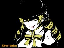 Rule 34 | 1girl, a clockwork orange, blonde hair, bowler hat, drill hair, evil grin, evil smile, grin, hair ornament, hairpin, hat, looking at viewer, mahou shoujo madoka magica, mahou shoujo madoka magica (anime), parody, smile, solo, tomoe mami, torigoe takumi, twin drills, twintails, twitter username, yellow eyes