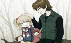 Rule 34 | 1boy, 1girl, aida kensuke, amai yadoraki, blonde hair, brown hair, closed eyes, coat, doll, evangelion: 3.0+1.0 thrice upon a time, forest, glasses, grin, hair ornament, hairclip, hand on another&#039;s head, happy, head pat, highres, laughing, nature, neon genesis evangelion, open mouth, rebuild of evangelion, scarf, sitting, smile, souryuu asuka langley, tears, woods