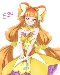 Rule 34 | 1girl, amanogawa kirara, brown hair, c:, chocokin, closed mouth, cowboy shot, cure twinkle, detached collar, earrings, gloves, go! princess precure, jewelry, long hair, looking at viewer, low-tied long hair, magical girl, multicolored hair, precure, purple eyes, quad tails, red hair, skirt, smile, solo, star (symbol), star earrings, streaked hair, twintails, two-tone hair, v arms, white background, white gloves, yellow skirt