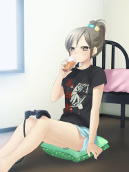 Rule 34 | 1girl, bed, blue shorts, brown eyes, brown hair, controller, cup, cushion, drinking, drinking glass, from side, game controller, hair ornament, hand up, indoors, original, piyodera mucha, playing games, rurouni kenshin, saitou hajime, saitou hajime (rurouni kenshin), shirt, short ponytail, short shorts, short sleeves, shorts, sitting, solo, t-shirt, translated, video game, window