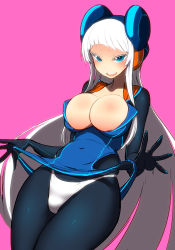 Rule 34 | 1girl, :d, blue eyes, blush, bodysuit, breasts, cleavage, commentary request, covered navel, electro emilia, ken (koala), large breasts, legs together, long hair, looking at viewer, open mouth, original, panties, pink background, simple background, smile, solo, standing, teeth, underwear, upper teeth only, white hair, white panties, wide hips