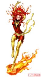 Rule 34 | 10s, 1girl, animification, arms up, belt, bird, blush, bodysuit, boots, breasts, costume, covered navel, dark persona, dark phoenix, elbow gloves, fire, flying, full body, gloves, gradient hair, head tilt, jean grey, latex, leg lift, lipstick, long hair, looking at viewer, makeup, marvel, matching hair/eyes, multicolored hair, orange eyes, orange hair, phoenix, phoenix (x-men), red hair, sash, shiny clothes, simple background, skin tight, smile, solo, superhero costume, thigh boots, thighhighs, turtleneck, watermark, wavy hair, web address, white background, x-men, yamashita shun&#039;ya, yellow gloves, yellow thighhighs