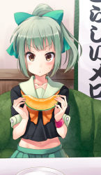 Rule 34 | 10s, 1girl, blush, bow, bowtie, brown eyes, cantaloupe, couch, food, fruit, green upholstery, grey hair, hair ribbon, hyuuga azuri, kantai collection, looking at viewer, midriff, navel, open mouth, orange bow, orange bowtie, patterned upholstery, personification, plate, pleated skirt, ponytail, ribbon, school uniform, serafuku, skirt, solo, sweatdrop, table, wristband, yuubari (kancolle)