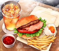 Rule 34 | burger, commentary, cup, drinking glass, egg, food, food focus, french fries, ice, ketchup, lettuce, no humans, ooranokohaku, original, sesame seeds, still life, table, takeout container, tea, tomato, wooden table