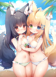 Rule 34 | 2girls, :q, absurdres, ahoge, animal ear fluff, animal ears, antenna hair, arm around shoulder, arm around waist, bikini, black hair, blonde hair, blue eyes, blush, borrowed character, breast press, breasts, cameltoe, closed mouth, commentary request, cowboy shot, day, fox ears, fox girl, frilled bikini, frills, green eyes, hair between eyes, hair ornament, halterneck, hand on another&#039;s shoulder, hand up, hands up, heterochromia, highres, leaf, long hair, looking at viewer, medium breasts, momozu komamochi, multiple girls, navel, original, outdoors, red eyes, signature, standing, stomach, striped bikini, striped clothes, swimsuit, symmetrical docking, tongue, tongue out, wet, x hair ornament