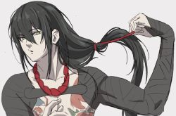 Rule 34 | 1boy, black hair, commentary request, fate/grand order, fate (series), green eyes, grey background, hair between eyes, hand up, jewelry, long hair, male focus, mi (pic52pic), necklace, parted lips, topless male, simple background, solo, tattoo, untying, upper body, very long hair, yan qing (fate)