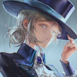 Rule 34 | 1girl, adjusting clothes, adjusting headwear, ascot, boater hat, coat, from side, grey background, grey eyes, grey hair, hair bun, hand on headwear, hand up, hat, highres, looking at viewer, looking to the side, parted lips, portrait, purple brooch, purple coat, purple hat, rain, rayfish (ray hsif), reverse:1999, shirt, short hair, single side bun, solo, vertin (reverse:1999), white ascot, white shirt
