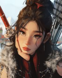 Rule 34 | 1girl, absurdres, blurry, blurry background, brown eyes, brown hair, freckles, hand on own face, highres, jewelry, linn (sam yang), lips, long hair, looking at viewer, original, sam yang, solo, sword, weapon