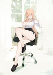 Rule 34 | 1girl, absurdres, azur lane, black choker, black footwear, black panties, black skirt, blonde hair, breasts, chair, choker, cleavage, full body, hair between eyes, high-waist skirt, highres, huge breasts, implacable (azur lane), implacable (shepherd of the &quot;lost&quot;) (azur lane), long hair, long sleeves, miniskirt, office chair, office lady, official alternate costume, panties, partially unbuttoned, pencil skirt, red eyes, shirt, shirt tucked in, shoes, sitting, skirt, solo, suo bu ye feng, swivel chair, underwear, white shirt