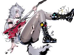 Rule 34 | 1girl, alternate costume, animal ears, arknights, arm strap, ass, bandaged arm, bandages, black footwear, black nails, blue shorts, boots, bracelet, breasts, crop top, electric guitar, fishnets, grey eyes, grey hair, grey pantyhose, guitar, hair over one eye, holding, holding instrument, instrument, jewelry, knee boots, lappland (arknights), long hair, material growth, medium breasts, minilang, nail polish, oripathy lesion (arknights), pantyhose, pantyhose under shorts, parted lips, plectrum, ring, scar, scar across eye, scar on face, sharp teeth, short shorts, short sleeves, shorts, simple background, solo, spiked boots, spiked bracelet, spikes, tail, teeth, thighs, tongue, tongue out, torn clothes, torn pantyhose, upper teeth only, very long hair, white background, wolf ears, wolf girl, wolf tail