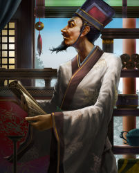 Rule 34 | 1boy, beard, black hair, blue sky, brown eyes, chinese clothes, day, dong yun, facial hair, hanfu, hat, highres, indoors, kazemachi (akainan), looking to the side, male focus, mustache, profile, sangokushi taisen, scroll, sky, solo, standing, window