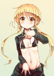 Rule 34 | 10s, 1girl, :&lt;, ?, bikini, black bikini, blonde hair, blush, caesar8149, clothes lift, cowboy shot, flat chest, highres, kantai collection, lifted by self, long hair, low twintails, navel, satsuki (kancolle), shirt lift, solo, swimsuit, twintails, undressing, yellow eyes