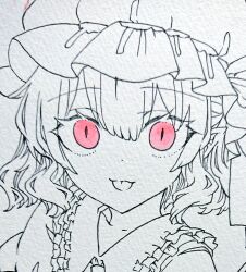 Rule 34 | 1girl, chaka3464, close-up, collarbone, collared shirt, flandre scarlet, frilled shirt collar, frills, hair between eyes, hat, looking at another, making-of, medium hair, mob cap, one side up, pointy ears, red eyes, shirt, solo, spot color, touhou, traditional media