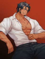 Rule 34 | 1boy, bara, character request, collared shirt, copyright request, dark-skinned male, dark skin, facial hair, facial scar, feet out of frame, goatee, hair strand, highres, large pectorals, long sideburns, looking at viewer, male focus, manspreading, mature male, muscular, muscular male, pants, partially unbuttoned, pectorals, scar, scar on cheek, scar on chest, scar on face, sdz (inazuma), seductive smile, shirt, short hair, sideburns, sleeves rolled up, smile, solo, thick eyebrows, undressing