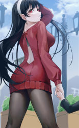 Rule 34 | 2girls, anya (spy x family), arm up, ass, back, back cutout, black hair, black pantyhose, breasts, child, clothing cutout, dress, earrings, floating hair, from behind, hairband, hand in own hair, highres, holding hands, jewelry, long hair, mother and daughter, multiple girls, natsugou shinogi, out of frame, outdoors, pantyhose, parted lips, red eyes, red sweater, solo focus, spy x family, sweater, sweater dress, white hairband, yor briar