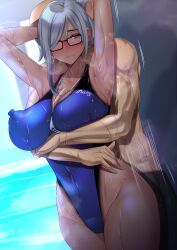 Rule 34 | 1boy, 1girl, absurdres, andou you, armpits, arms behind head, bald, black-framed eyewear, black pants, blue one-piece swimsuit, blurry, blurry background, blush, breasts, collarbone, competition swimsuit, cowboy shot, glasses, grabbing, grabbing from behind, grey eyes, grey hair, hexagon print, highleg, highleg swimsuit, highres, large breasts, medium hair, mole, mole under mouth, motion lines, one-piece swimsuit, original, pants, swimsuit, tan, water, wet, wet clothes, wet swimsuit