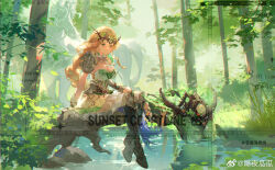 Rule 34 | 1girl, armor, blonde hair, boots, braid, breasts, chinese commentary, cleavage, commentary request, dress, english text, forest, full body, geye guagua, grass, green eyes, headpiece, highres, jewelry, large breasts, leaf, long hair, looking at viewer, nature, original, outdoors, pauldrons, pointy ears, shoulder armor, sitting, smile, solo, tree, very long hair, water, watermark, weibo watermark
