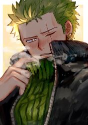 Rule 34 | 1boy, aoiaoba0316, bishounen, blush, coat, earrings, green hair, highres, jewelry, looking at viewer, male focus, one piece, roronoa zoro, scar, scar across eye, scarf, short hair, shy, solo, winter clothes, winter coat