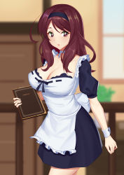 Rule 34 | 1girl, amami youko, ame-iro cocoa side g, apron, black dress, black hairband, blurry, blurry background, blush, breasts, character request, cleavage, collarbone, detached collar, door, dress, female focus, hairband, highres, holding, indoors, large breasts, light blush, long hair, looking at viewer, maid, matching hair/eyes, menu, northman, open mouth, purple eyes, purple hair, ribbon trim, short sleeves, solo, standing, textless version, white apron, window, wrist cuffs