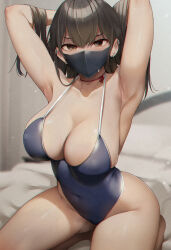 Rule 34 | 1girl, armpits, arms up, black hair, blue one-piece swimsuit, blush, breasts, brown eyes, cleavage, collarbone, commentary, covered mouth, covered navel, ear piercing, hands in hair, highleg, highleg swimsuit, kneeling, konata (kankin jk), large breasts, long hair, looking at viewer, mask, mishiranu joshikousei ni kankin sareta mangaka no hanashi, mouth mask, one-piece swimsuit, piercing, ryouma (galley), sideboob, solo, swimsuit, thighs