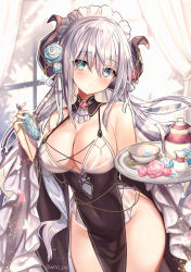 Rule 34 | 1girl, :o, black dress, blush, breasts, cleavage, commentary request, cup, curtains, detached collar, dress, flower, fuepo, green eyes, hair between eyes, hair flower, hair ornament, highres, holding, holding plate, holding pocket watch, horns, indoors, light rays, long hair, looking at viewer, maid headdress, medium breasts, original, plate, pocket watch, sidelocks, silver hair, sleeveless, sleeveless dress, solo, teacup, teapot, twintails, watch, window