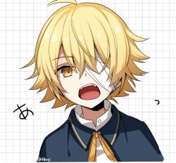 Rule 34 | 1boy, bandage over one eye, blonde hair, blue capelet, capelet, commentary, fangs, grid background, looking at viewer, male focus, minahoshi taichi, neck ribbon, oliver (vocaloid), open mouth, ribbon, shirt, solo, translated, twitter username, upper body, vocaloid, white shirt, yellow eyes, yellow ribbon
