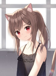 Rule 34 | 1girl, animal ear fluff, animal ears, anz32, bare shoulders, black camisole, blush, brown hair, camisole, cat ears, cat girl, cat tail, closed mouth, collarbone, commentary request, hair between eyes, head tilt, indoors, long hair, nina (anz32), original, ponytail, red eyes, smile, solo, tail, tail raised, twitter username, upper body, window