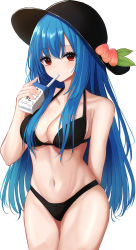 Rule 34 | 1girl, 7saki, arm behind back, bad id, bad pixiv id, bare shoulders, bikini, black bikini, black hat, blue hair, box, breasts, cleavage, commentary request, cowboy shot, drinking straw, drinking straw in mouth, food, fruit, hat, highres, hinanawi tenshi, holding, holding box, juice box, large breasts, long hair, looking at viewer, navel, peach, red eyes, simple background, solo, standing, stomach, swimsuit, touhou, very long hair, white background