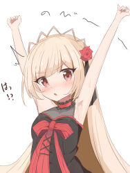 Rule 34 | !?, 1girl, armpits, arms up, blonde hair, blush, breasts, choker, ecute, flower, frilled choker, frills, hair flower, hair ornament, highres, jashin-chan dropkick, long hair, looking at viewer, open mouth, qvertwt, red eyes, rose, simple background, small breasts, solo, upper body, white background