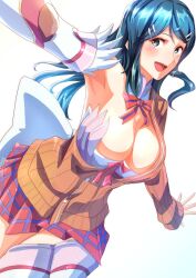 Rule 34 | 1girl, armpits, blue eyes, blue hair, breasts, cleavage, fire emblem, highres, large breasts, long hair, long sleeves, nintendo, oribe tsubasa, school uniform, skirt, sweater, to (tototo tk), tokyo mirage sessions fe, white background