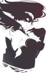 1girl breasts corset elf female_focus large_breasts mask monochrome obj_shep pointy_ears solo white_background