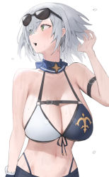 Rule 34 | 1girl, absurdres, armlet, bikini, bikini top only, breasts, chest belt, chest strap, green eyes, highres, hololive, hood (james x), large breasts, looking to the side, mole, mole on breast, navel, shirogane noel, shirogane noel (summer 2020), short hair, silver hair, swimsuit, virtual youtuber