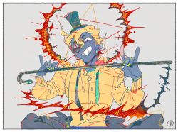 Rule 34 | 1boy, abbdda, bill cipher, blonde hair, cane, colored skin, eyepatch, gravity falls, grey background, grey skin, grin, hat, indian style, male focus, nail polish, pentagram, simple background, sitting, smile, solo, top hat, yellow nails