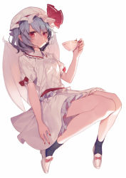 Rule 34 | 1girl, black socks, blue hair, cup, full body, hat, holding, kitada mo, looking at viewer, mob cap, orange eyes, remilia scarlet, shoes, short hair, simple background, smile, socks, solo, teacup, touhou, white background