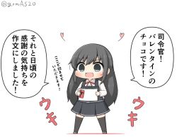 Rule 34 | 1girl, asashio (kancolle), black hair, black thighhighs, box, chibi, commentary request, dress, full body, gift, goma (yoku yatta hou jane), kantai collection, long hair, long sleeves, neck ribbon, open mouth, paper, pinafore dress, red ribbon, ribbon, simple background, sleeveless, sleeveless dress, solo, standing, thighhighs, translation request, twitter username, white background