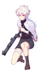 Rule 34 | 1boy, bandages, benelli m4 super 90, blood, blood on clothes, blue hair, full body, gun, hakuryuu (inazuma eleven), highres, inazuma eleven (series), inazuma eleven go, long hair, looking at viewer, male focus, multicolored hair, ponytail, red eyes, shorts, shotgun, simple background, solo, tete (tetenim), transparent background, two-tone hair, weapon, weapon request, white background, white hair