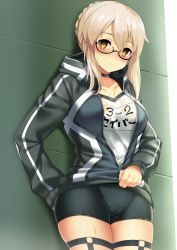 Rule 34 | 1girl, artoria pendragon (all), artoria pendragon (fate), bike shorts, blonde hair, blush, braid, clothes lift, clothes writing, commentary request, fate/grand order, fate (series), glasses, gym uniform, highres, hitotsuki nebura, hood, hoodie, looking at viewer, mysterious heroine x alter (fate), mysterious heroine x alter (second ascension) (fate), saber (fate), school uniform, semi-rimless eyewear, shirt lift, solo, thigh strap, translated, yellow eyes