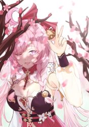 Rule 34 | 1girl, armpits, bell, braid, branch, breasts, cleavage, detached sleeves, dress, elysia (herrscher of human:ego) (honkai impact), elysia (honkai impact), elysia (peachy spring) (honkai impact), falling petals, flower, hair bell, hair flower, hair ornament, honkai (series), honkai impact 3rd, large breasts, looking at viewer, lower teeth only, one eye closed, open mouth, pavilion w, petals, pink eyes, pink hair, pink pupils, puffy sleeves, red dress, simple background, single braid, solo, teeth, upper body, w