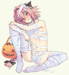 Rule 34 | 1boy, :d, astolfo (fate), bad id, bad pixiv id, bag, bandages, bare shoulders, black bow, blank eyes, blush, bow, braid, bulge, candy, erection, fate (series), food, foreskin, full body, hair bow, hair intakes, half-closed eyes, has bad revision, has censored revision, head tilt, highres, knee up, long hair, looking at viewer, male focus, naked bandage, navel, no shoes, nose blush, open mouth, pas (paxiti), penis, pink eyes, pink hair, simple background, single braid, sitting, smile, solo, spread legs, thighhighs, trap, uncensored, very long hair, white thighhighs, yellow background