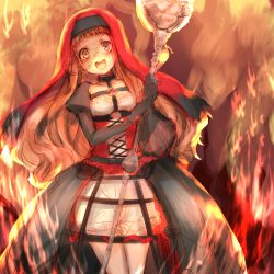 Rule 34 | 1girl, :d, black gloves, blonde hair, corset, dress, elbow gloves, fire, gloves, hair between eyes, holding, holding staff, long hair, long sleeves, open mouth, red dress, red hair, red riding hood (sinoalice), sinoalice, smile, solo, staff, teroru, yellow eyes