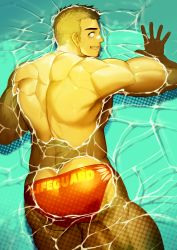 Rule 34 | 1boy, ass, bara, bare back, blonde hair, blush, highres, lifeguard, looking at viewer, looking back, lying, male focus, male swimwear, muscular, muscular male, on stomach, original, partially submerged, pectorals, pool, red male swimwear, short hair, sideburns, sidepec, smile, solo, swim briefs, swimming, thick thighs, thighs, waku (ayamix)