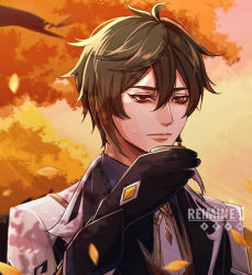 Rule 34 | 1boy, black gloves, black hair, blurry, blurry foreground, branch, brown hair, closed mouth, collar, collared shirt, crying, crying with eyes open, cup, earrings, falling leaves, formal, genshin impact, gloves, hair between eyes, holding, holding cup, jacket, jewelry, leaf, long hair, long sleeves, male focus, multicolored hair, necktie, reimine, shirt, single earring, sky, solo, suit, tassel, tassel earrings, teacup, tears, yellow eyes, zhongli (genshin impact)