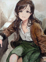 Rule 34 | 1girl, brown coat, brown eyes, brown hair, coat, collared shirt, idolmaster, idolmaster cinderella girls, crossed legs, long hair, looking at viewer, modare, nitta minami, open clothes, open coat, painting (medium), parted lips, partially unbuttoned, shirt, sitting, skirt, smile, solo, traditional media, watercolor (medium), white shirt