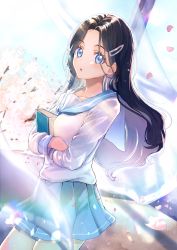 Rule 34 | 1girl, black hair, blue eyes, blue sailor collar, blue skirt, blue sky, book, hugging book, cherry blossoms, collarbone, commentary request, cowboy shot, curtains, dutch angle, falling petals, gawako, hair ornament, hairclip, highres, holding, holding book, light particles, long hair, long sleeves, looking at viewer, hugging object, original, parted lips, petals, pleated skirt, sailor collar, school uniform, serafuku, shirt, skirt, sky, solo, tree, white shirt