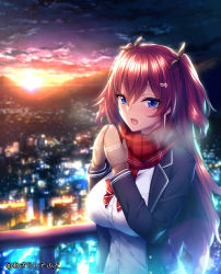 Rule 34 | 1girl, azarashi soft, blue eyes, blurry, blurry background, blush, bow, bowtie, breasts, breath, city, cloud, diagonal-striped neckwear, evening, female focus, game cg, gloves, hair between eyes, hands up, jacket, large breasts, light blush, long hair, looking at viewer, nakatama kyou, official art, open mouth, ousaka ayane, outdoors, own hands together, red hair, scarf, school uniform, sky, solo, striped bow, striped bowtie, striped clothes, striped neckwear, sun, sunlight, sunset, toshishita kanojo, twintails, two side up, upper body