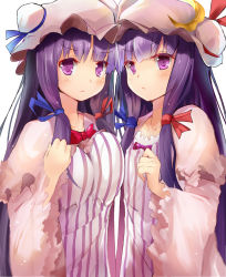 Rule 34 | 2girls, asymmetrical docking, blue ribbon, blush, breast press, breasts, crescent, dual persona, efe, hat, hat ribbon, highres, large breasts, long hair, looking at viewer, multiple girls, patchouli knowledge, purple eyes, purple hair, red ribbon, ribbon, simple background, striped, touhou, vertical stripes, white background