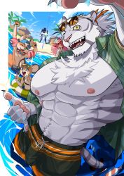Rule 34 | 1girl, abs, absol (dkqthf), bara, bulge, character request, cloud, cloudy sky, collared shirt, copyright request, drawstring, fangs, feet out of frame, furry, furry male, goggles, green male swimwear, green swim trunks, hat, large pectorals, lifebuoy, long hair, looking at another, looking at viewer, male focus, male swimwear, manly, mature male, multicolored male swimwear, multicolored swim trunks, multiple boys, nipples, open clothes, open mouth, open shirt, orange male swimwear, orange swim trunks, outdoors, palm tree, partially submerged, pectorals, pink hair, pool, sharp teeth, shirt, shorts, sky, sparkle, striped, striped male swimwear, striped swim trunks, sunglasses, swim ring, swim trunks, teeth, tiger boy, tongue, tree, yellow eyes